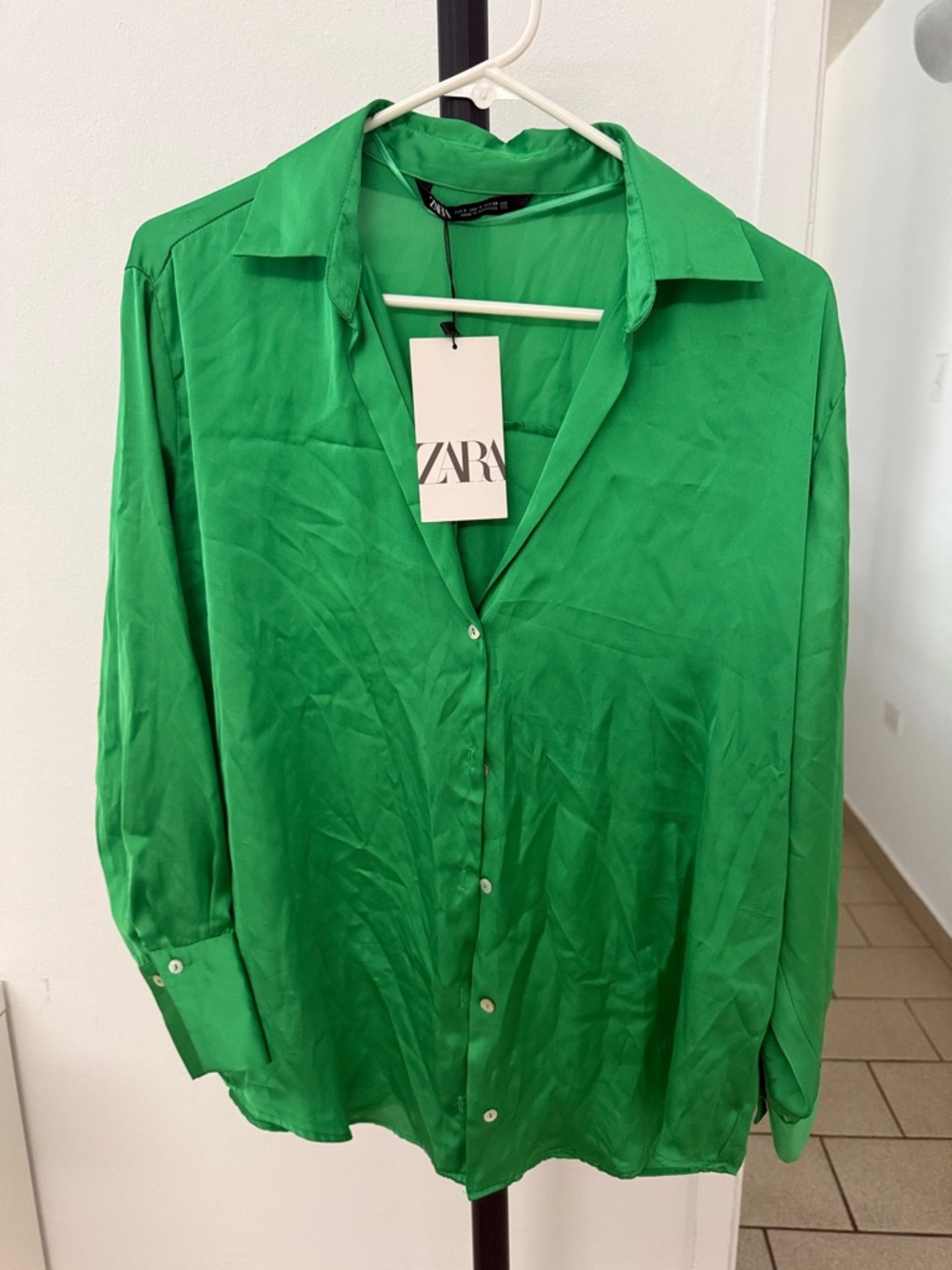 ZARA Bright Green Satin Button-Down Blouse